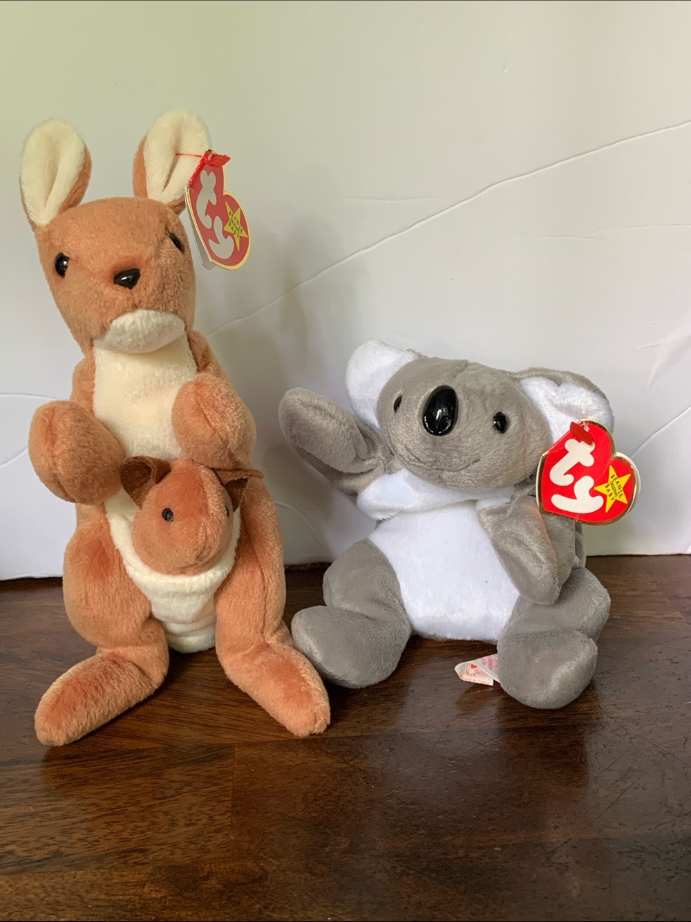 Ty Beanie Babies, "Pouch" the Kangaroo and "Eucalyptus" the Koala Bear.
